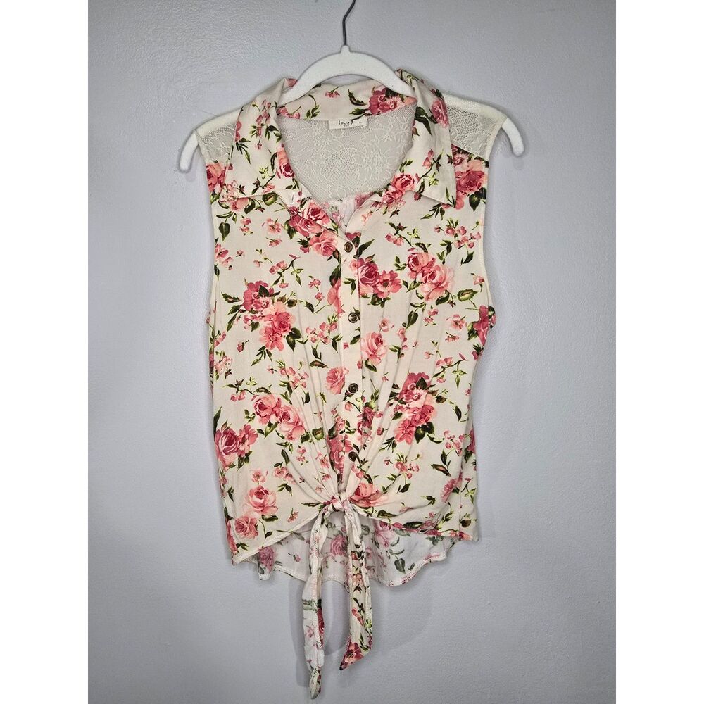 Love J Large Sleeveless Floral Button-Up Shirt w/lace